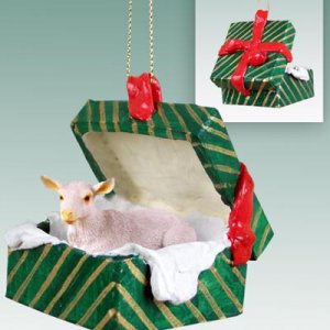 GGBA45 Goat, White Green Gift Box Ornament
