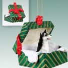 GGBD17B Husky, Black & White, Brown Eyes Green Gift Box Ornament