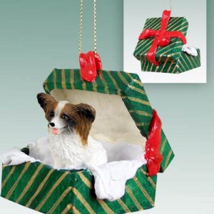 GGBD47A Papillon, Brown & White Green Gift Box Ornament
