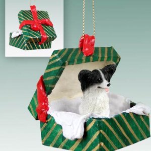 GGBD47B Papillon, Black & White Green Gift Box Ornament