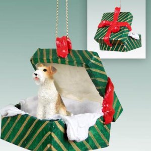 GGBD59 Wire Haired Fox Terrier Green Gift Box Ornament