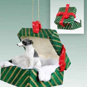 GGBD92C Whippet, Gray & White Green Gift Box Ornament