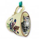 GTCC01 Shorthair Silver Tabby Green Holiday Tea Cup Ornament