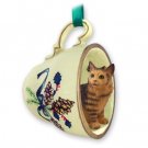 GTCC17 Main Coon Brown Tabby Green Holiday Tea Cup Ornament
