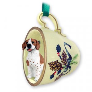 GTCD106A Pointer, Brown & White Green Holiday Tea Cup Ornament
