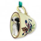 GTCD128D Shih Tzu, Black & White, Sport cut Green Holiday Tea Cup Ornament