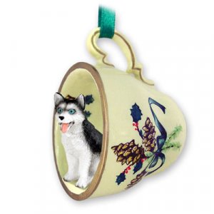 GTCD17A Husky, Black & White, Blue Eyes Green Holiday Tea Cup Ornament