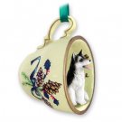 GTCD17B Husky, Black & White, Brown Eyes Green Holiday Tea Cup Ornament