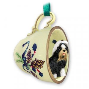 GTCD26D Shih Tzu, Black & White Green Holiday Tea Cup Ornament