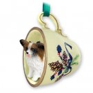 GTCD47A Papillon, Brown & White Green Holiday Tea Cup Ornament