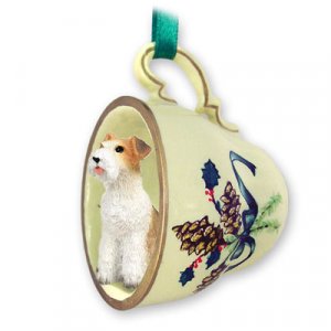 GTCD59 Wire Haired Fox Terrier Green Holiday Tea Cup Ornament