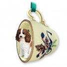 GTCD80A Cavalier King Charles, Brown & White Green Holiday Tea Cup Ornament