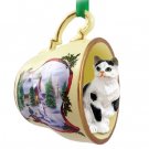 HTCC02 Shorthair Black & White Tabby Snowman Holiday Tea Cup Ornament