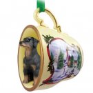HTCD101A Doberman, Black, Uncropped Snowman Holiday Tea Cup Ornament