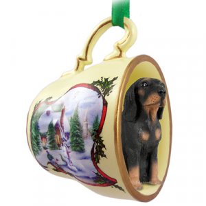 HTCD127 Black & Tan Coonhound Snowman Holiday Tea Cup Ornament