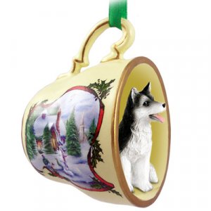 HTCD17B Husky, Black & White, Brown Eyes Snowman Holiday Tea Cup Ornament