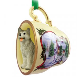 HTCD17D Husky, Gray & White, Brown Eyes Snowman Holiday Tea Cup Ornament