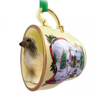 HTCD28B Afghan, Tan & White Snowman Holiday Tea Cup Ornament