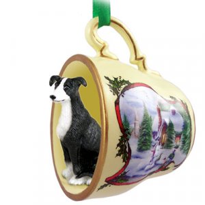 HTCD54A Greyhound, Black & White Snowman Holiday Tea Cup Ornament