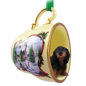 HTCD60B Dachshund, Longhaired, Black Snowman Holiday Tea Cup Ornament