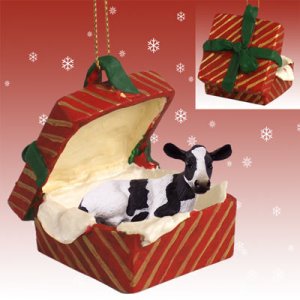 RGBA43 Holstein Cow Red Gift Box Ornament