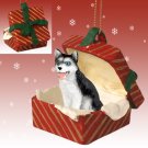 RGBD17A Husky, Black & White, Blue Eyes Red Gift Box Ornament