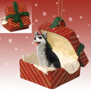 RGBD17B Husky, Black & White, Brown Eyes Red Gift Box Ornament