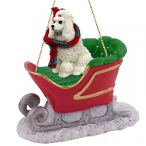 SLD01A Poodle, White Sleigh Ride Ornament