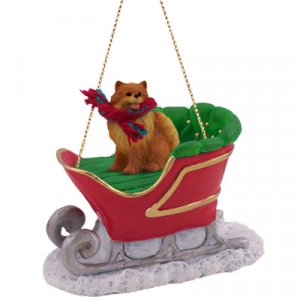 SLD03A Pomeranian, Red Sleigh Ride Ornament