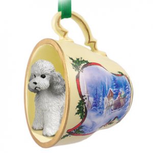 STCD104B Poodle, Gray, Sport cut Sleigh Ride Holiday Tea Cup Ornament