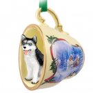 STCD17A Husky, Black & White, Blue Eyes Sleigh Ride Holiday Tea Cup Ornament