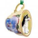 STCD17B Husky, Black & White, Brown Eyes Sleigh Ride Holiday Tea Cup Ornament