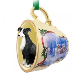 STCD54A Greyhound, Black & White Sleigh Ride Holiday Tea Cup Ornament