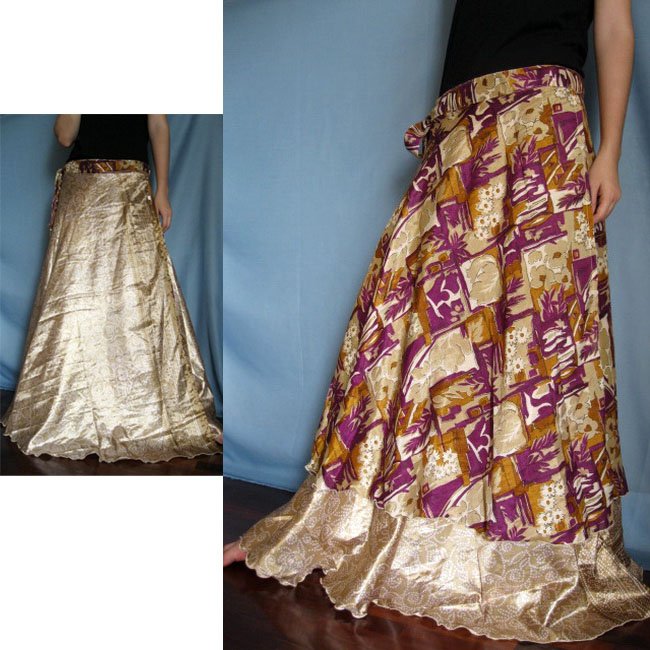 India Nepal Classic Silk Sari,Reversible, long Wrap Skirt Dress Top Bohemian Boho Size S M L(K44)