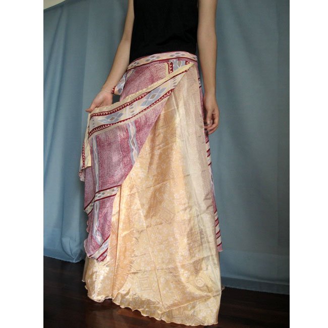 India Nepal Classic Silk Sari Reversible long Wrap Skirt Dress Top