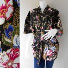 Short white floral on black batik  short kimono Robe R66