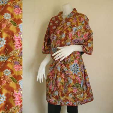 Classic with Mixed Flowers Brown Thai Batik Wedding Short Kimono Bath Robe S - L (R61)