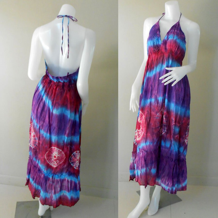 Long Angled Hem Halter Tied Tie Dye Ladies Summer Cotton Dress (DMS352)