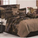 Queen size Luxury Brown Leave Faux Linen Comforter Bedding-in-a-bag Set