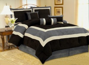 Cal King High Quality Micro Suede Comforter Set bedding-in-a-bag,  Grey - Black