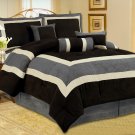 Queen High Quality Micro Suede Comforter Set bedding-in-a-bag,  Grey - Black