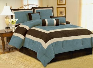 King High Quality Micro Suede Comforter Set bedding-in-a-bag. Aqua - Brown