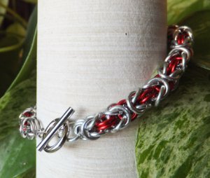 Red and Silver Byzantine Chainmaille Bracelet