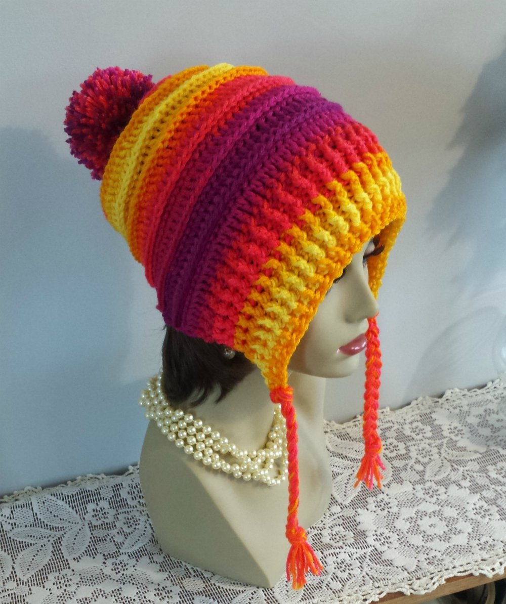 Winter Hat Crocheted Handmade Slouch Winter Hat Women Hood Ties Pompom