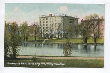 View in Loring Park showing Hotel Plaza Minneapolis Minnesota Postcard
