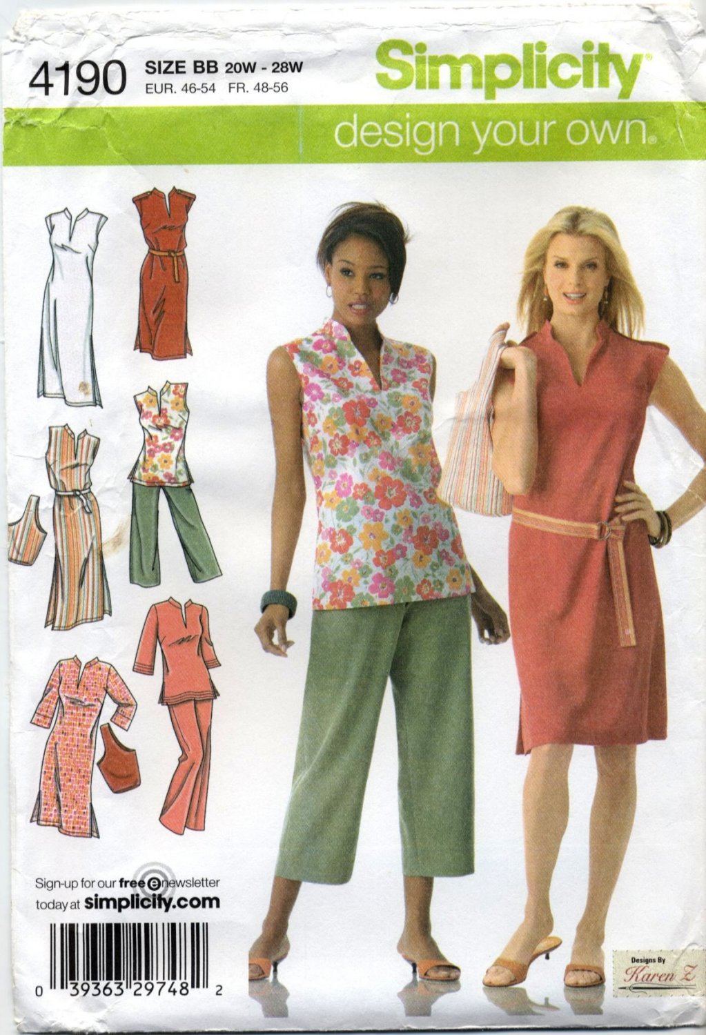 Simplicity 4190 Dress Tunic Belt Pants Bag Sewing Pattern Women's 20W ...