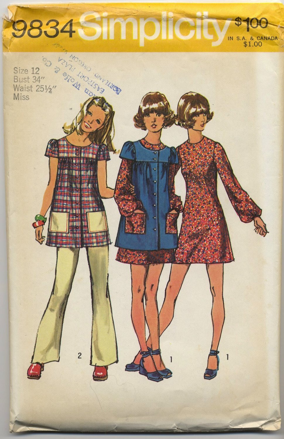 Simplicity 9834 Mini-Dress, Smock & Pants - Sewing Pattern Miss Size 12 Bust 34" Classic 70s