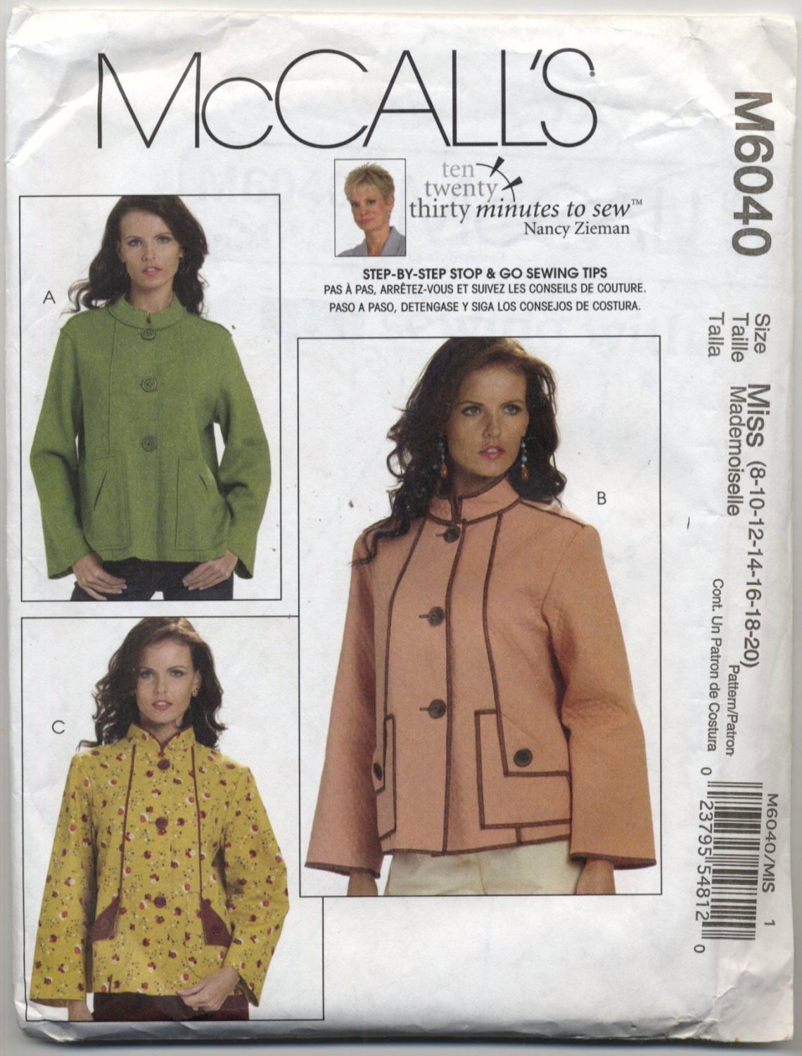 McCall's 6040 Nancy Zieman Unlined Jackets - Sewing Pattern Misses' 8 ...