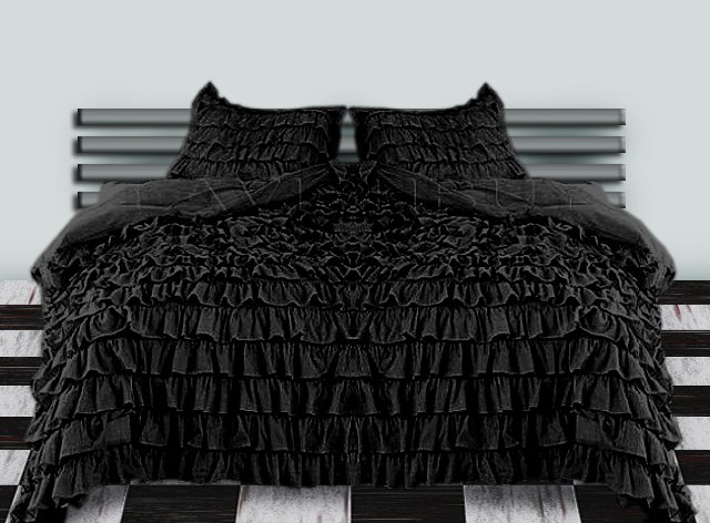 1000tc Waterfall Solid Ruffled Black 3pcs Duvet Cover Set Full