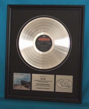 RUSH PLATINUM RECORD AWARD "FAREWELL TO KINGS"